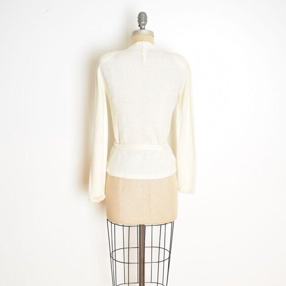 vintage 70s sweater cream pointelle rosettes belted hippie boho jumper top S - Picture 7 of 10